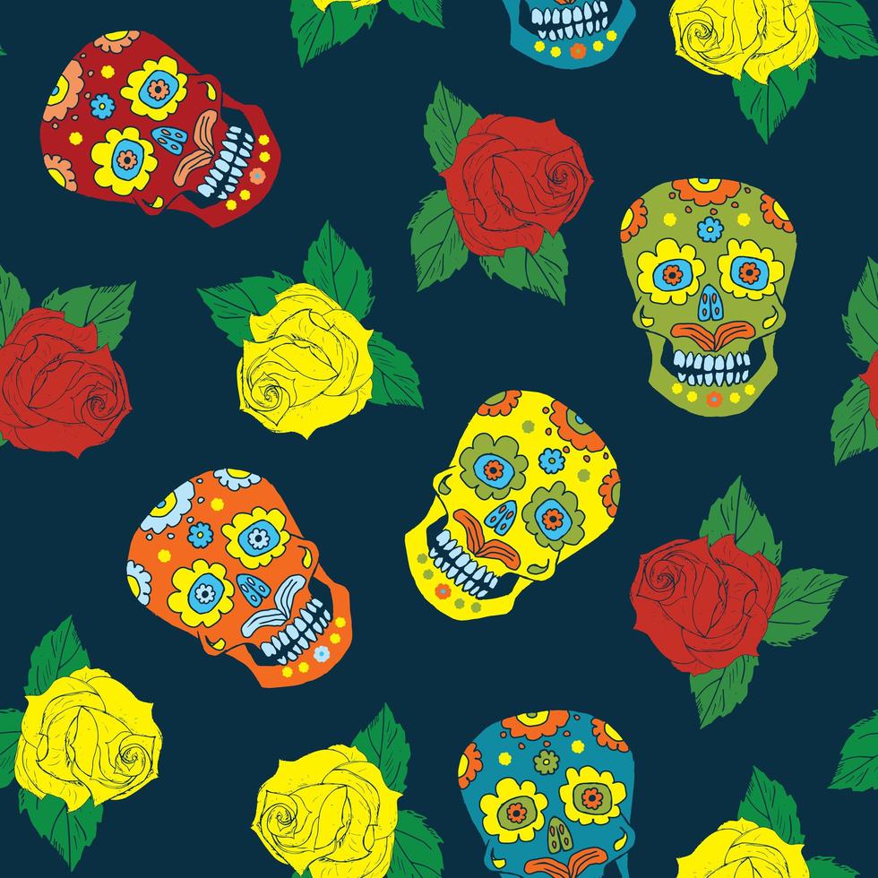 Día de los muertos de patrones sin fisuras, calaveras de azúcar dibujadas a mano y fondo de rosas, ilustración vectorial vector