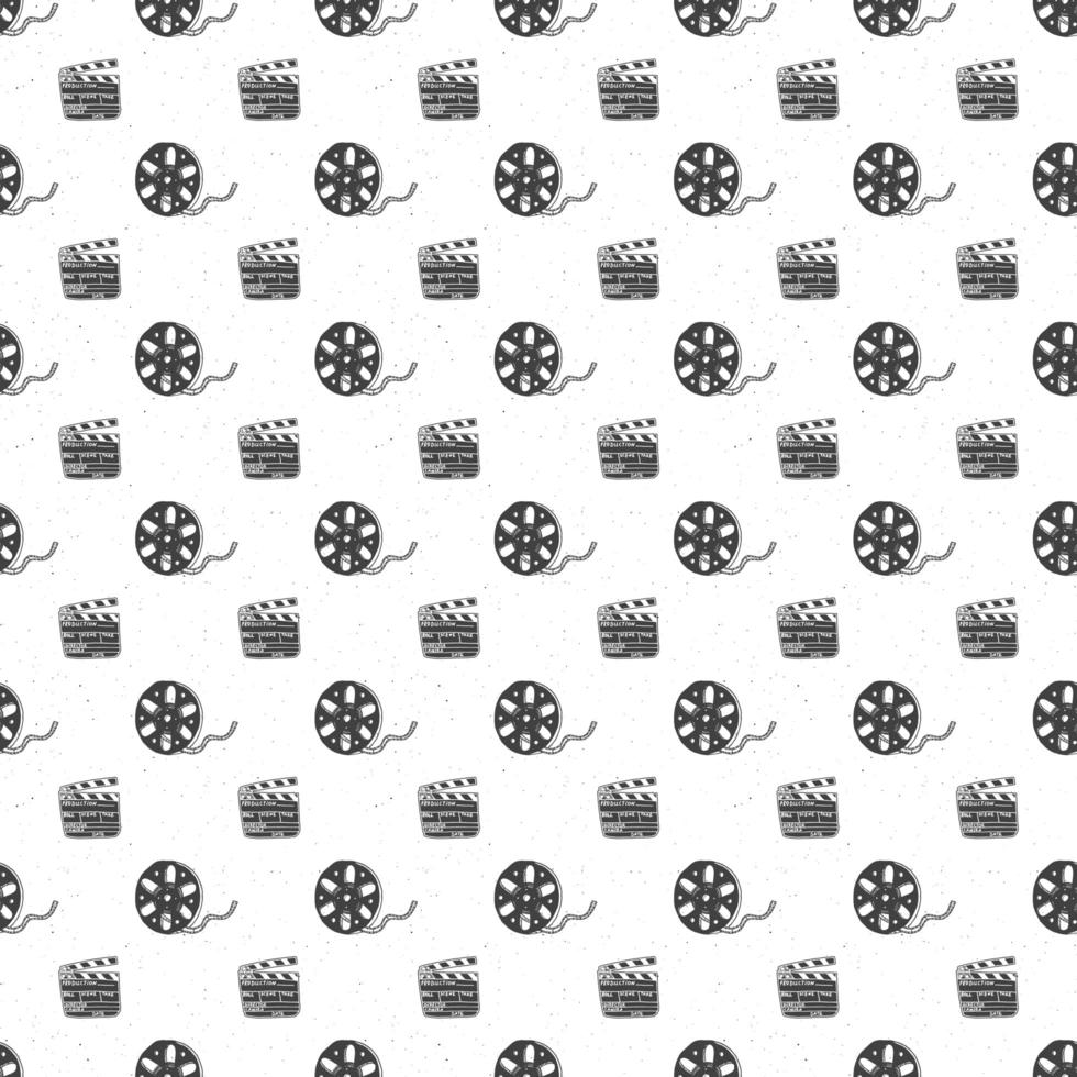 Cinema tape, film reel and clapperboard vintage seamless pattern, handdrawn sketch, retro movie and film industry, vector illustration