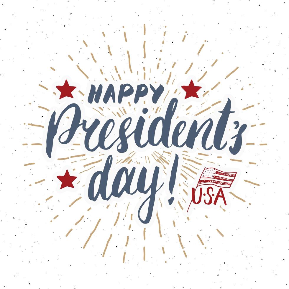 feliz día del presidente vintage usa tarjeta de felicitación, celebración de los estados unidos de américa. letras de la mano, ilustración de vector de diseño retro con textura grunge de vacaciones americanas.