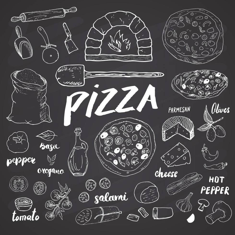 Menú de pizza conjunto de croquis dibujados a mano Plantilla de diseño de preparación de pizza con queso, aceitunas, salami, champiñones, tomates, harina y otros ingredientes. ilustración vectorial aislado sobre fondo blanco. vector