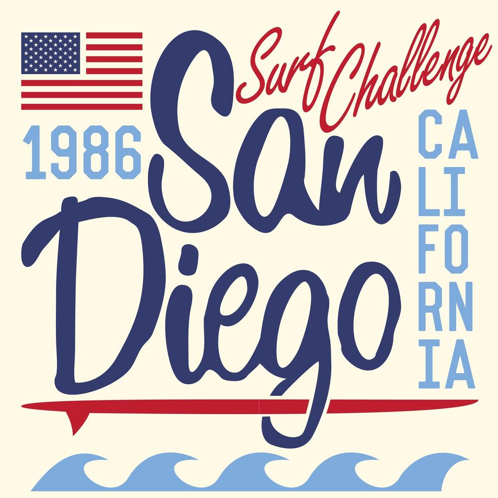 diseño de impresión de camisetas, gráficos de tipografía, ilustración vectorial de verano, insignia, aplique, etiqueta, california, san diego, señal vector