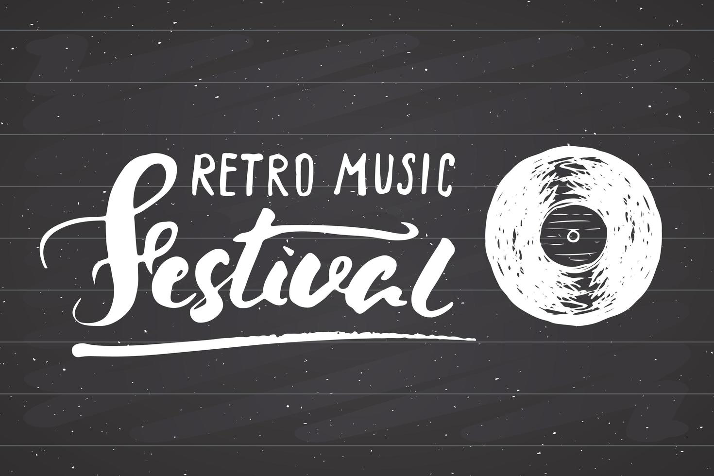 Disco de vinilo y festival de música retro de letras, etiqueta vintage, diseño de tipografía de cartel boceto dibujado a mano, insignia retro con textura grunge, estampado de camisetas, ilustración vectorial sobre fondo de pizarra vector