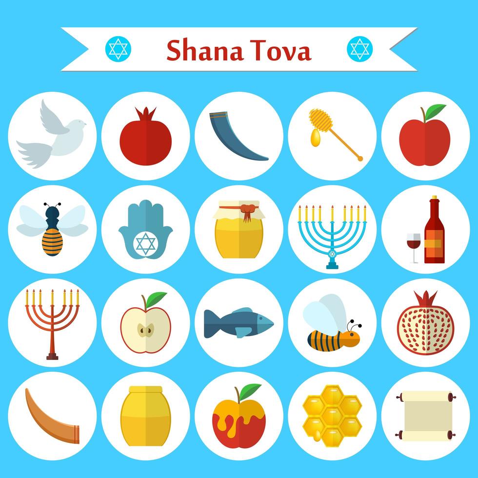 rosh hashaná, shana tova conjunto de iconos de vector plano