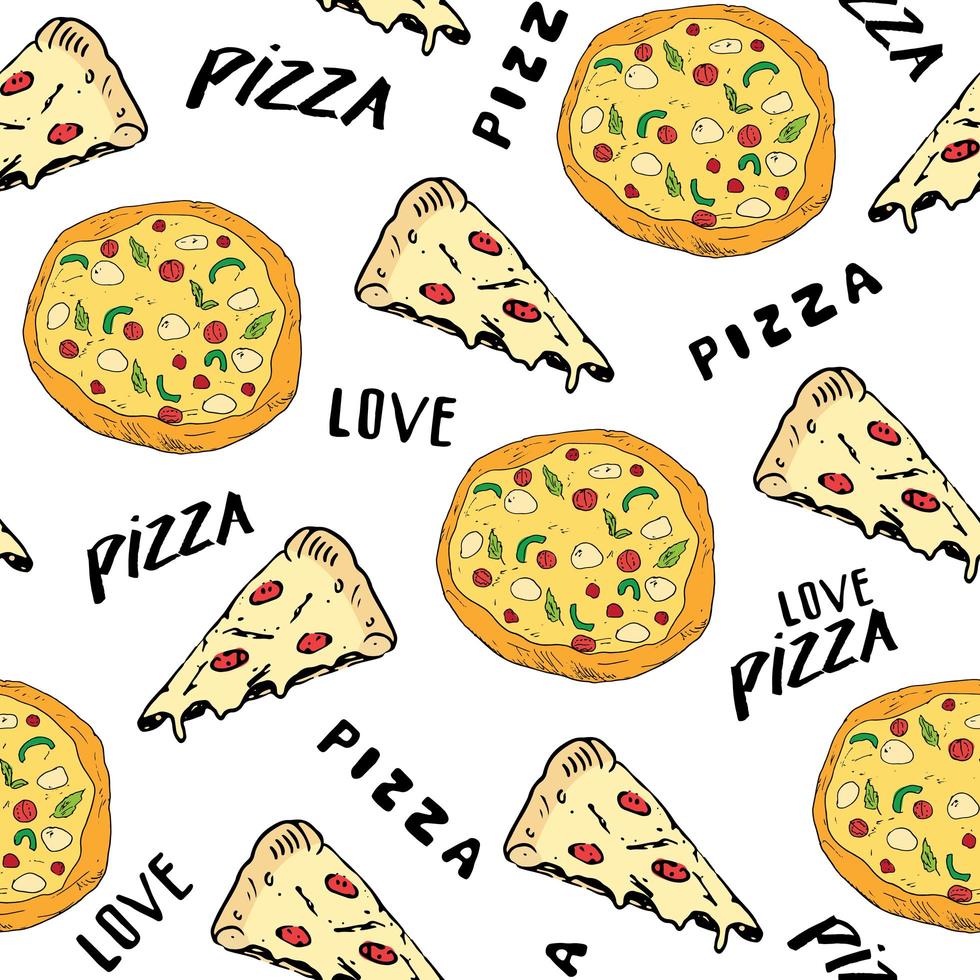 pizza de patrones sin fisuras boceto dibujado a mano. garabatos de rebanada de pizza y palabras fondo de comida de amor de pizza. ilustración vectorial vector