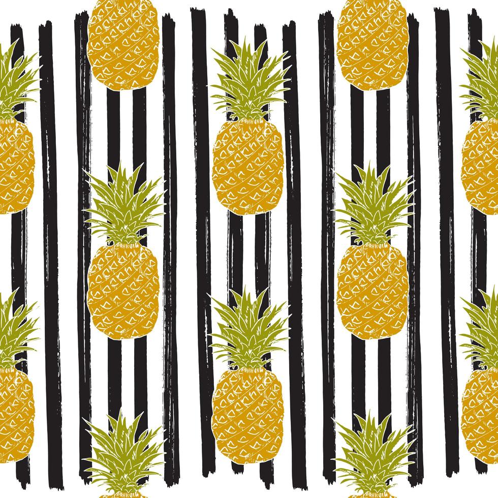 Pineapple hand drawn sketch striped Seamless Pattern. Vector Illustration.