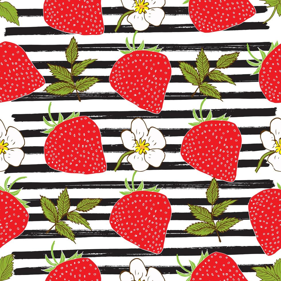 Strawberry hand drawn sketch striped Seamless Pattern. Vector Illustration.