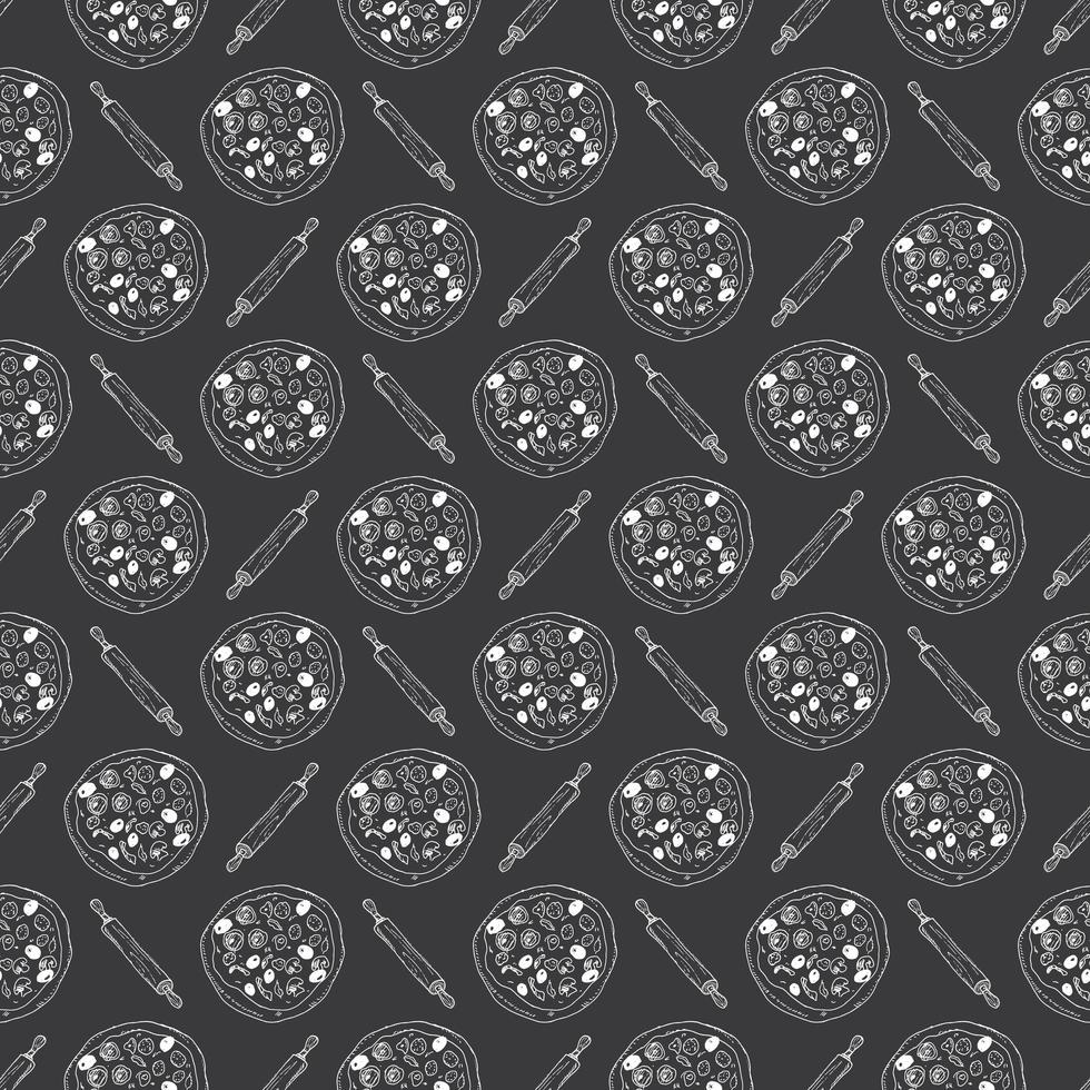 Pizza seamless pattern hand drawn sketch. Pizza doodles and rolling pin, Food background. Vector illustration