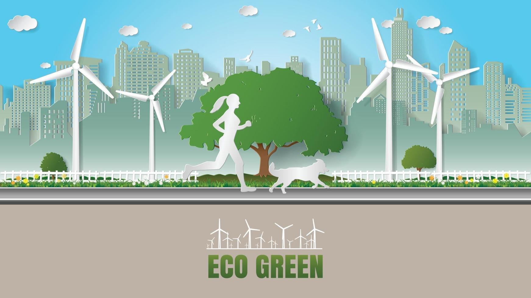 Paper folding art origami style vector illustration. Renewable energy ecology sustainable development technology with people concepts, woman and her dog running in city parks full of wind turbines