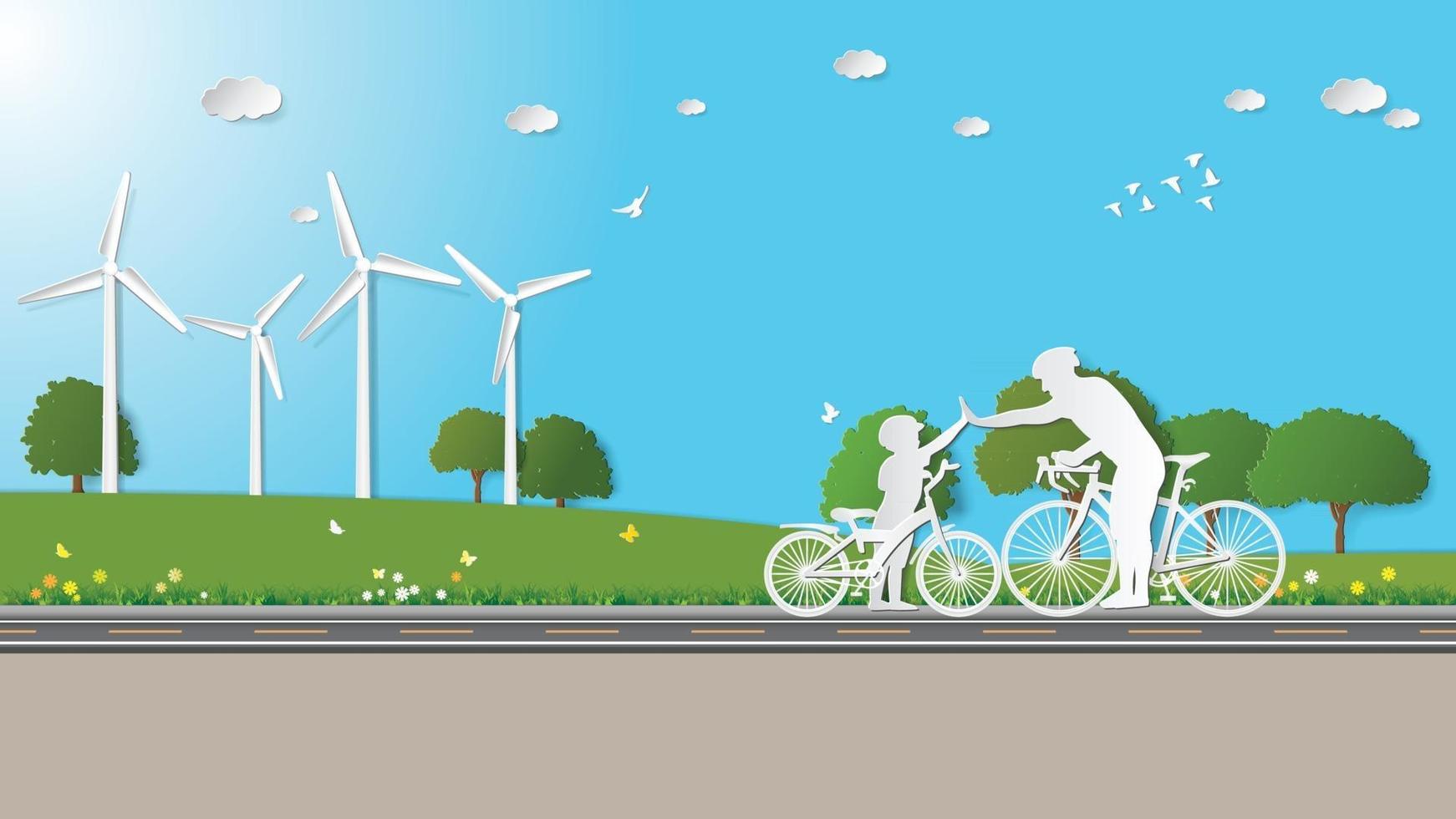 Paper folding art origami style vector illustration. Green renewable energy ecology technology power saving environmentally friendly concepts, father and son hold hands together cycling in meadow