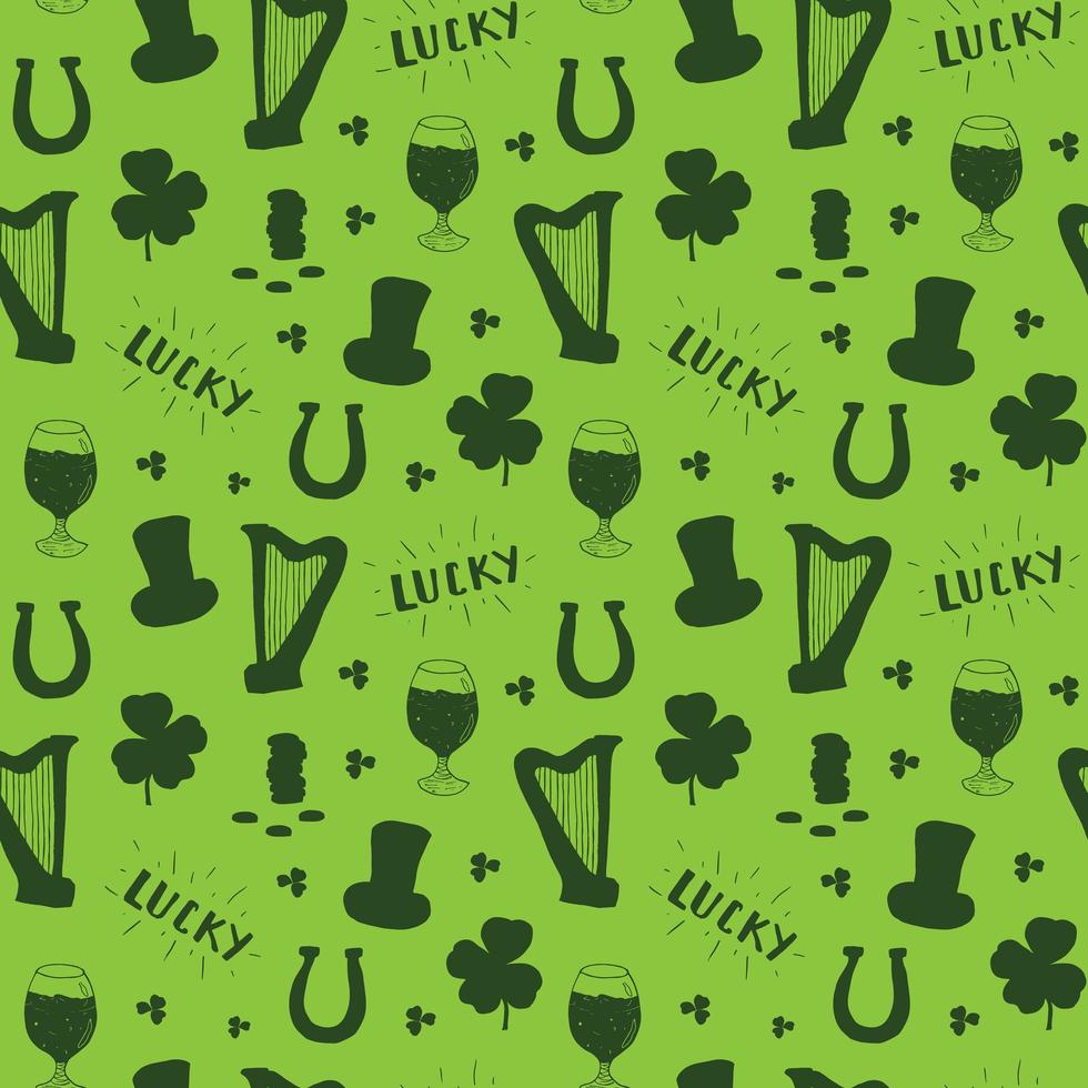 St Patrick's Day hand drawn seamless pattern, with leprechaun hat, coins, beer cup, four leaf clover, horseshoe and celtic harp vector illustration