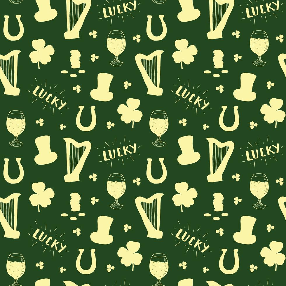 St Patrick's Day hand drawn seamless pattern, with leprechaun hat, coins, beer cup, four leaf clover, horseshoe and celtic harp vector illustration