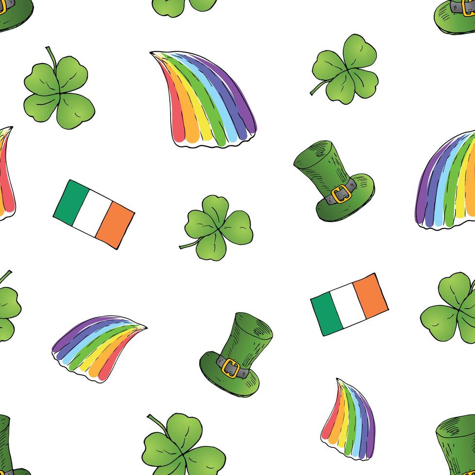 Día de San Patricio dibujado a mano doodle de patrones sin fisuras, con sombrero de duende, arco iris, trébol de cuatro hojas, bandera de Irlanda ilustración vectorial de fondo. vector