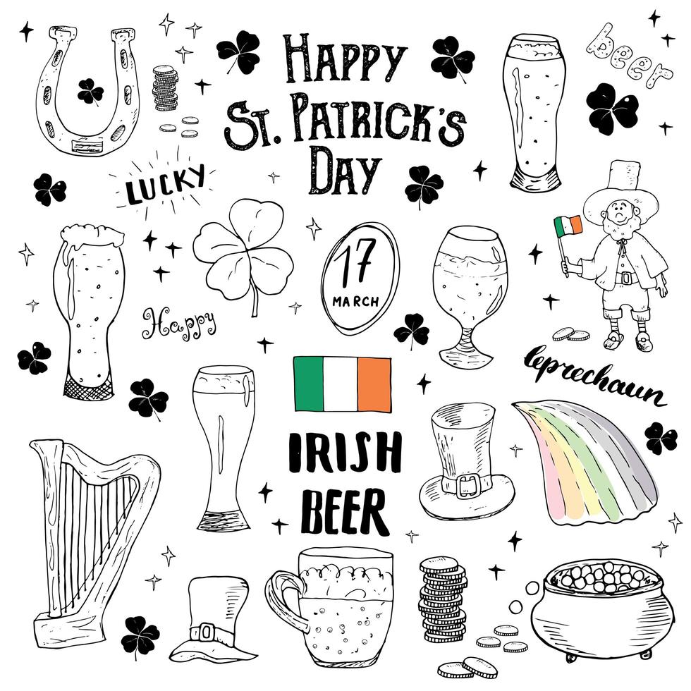 St Patricks Day hand drawn doodle set, with leprechaun, pot of gold coins, rainbow, beer, four leaf clover, horseshoe, celtic harp and flag of Ireland vector illustration isolated on white