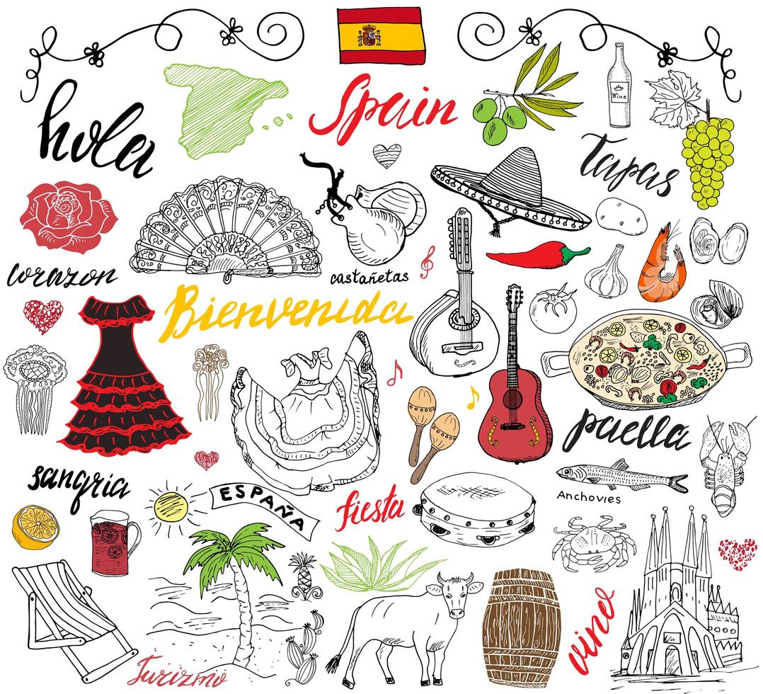 Spain doodles elements. Hand drawn set with spanish food paella, shrimps, olives, grape, fan, wine barel, guitars, music instruments, dresses, bull, rose, flag and map, lettering. doodle set isolated vector