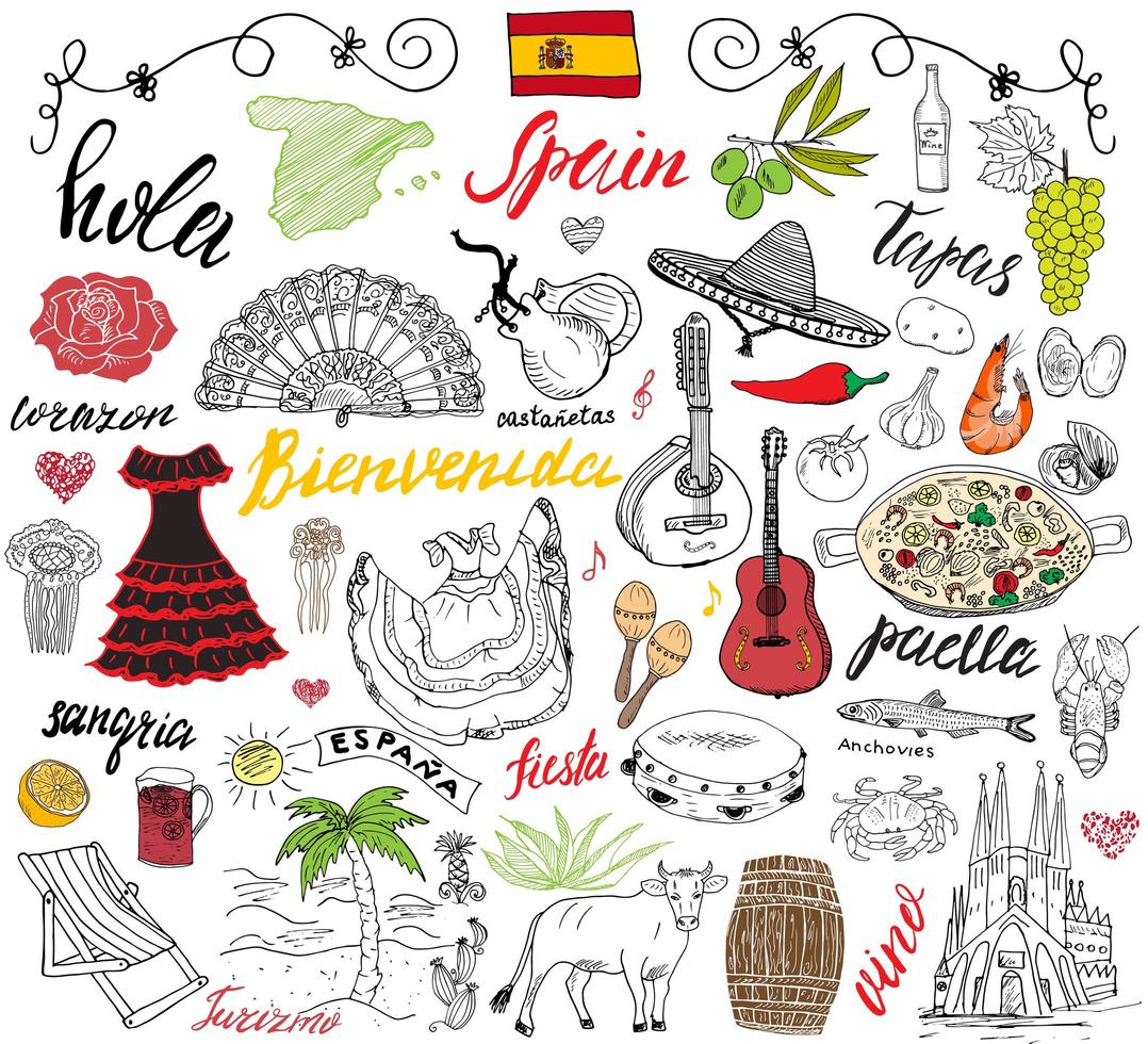 España garabatos elementos. conjunto dibujado a mano con paella de comida española, camarones, aceitunas, uva, abanico, barril de vino, guitarras, instrumentos musicales, vestidos, toro, rosa, bandera y mapa, letras. Doodle conjunto aislado vector