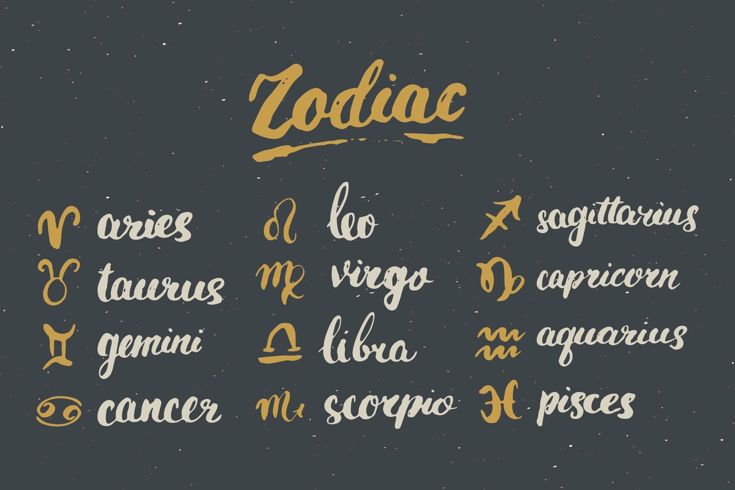 signos del zodíaco establecidos y leyendas. Símbolos de astrología horóscopo dibujados a mano, diseño con textura grunge, tipografía impresa, ilustración vectorial vector