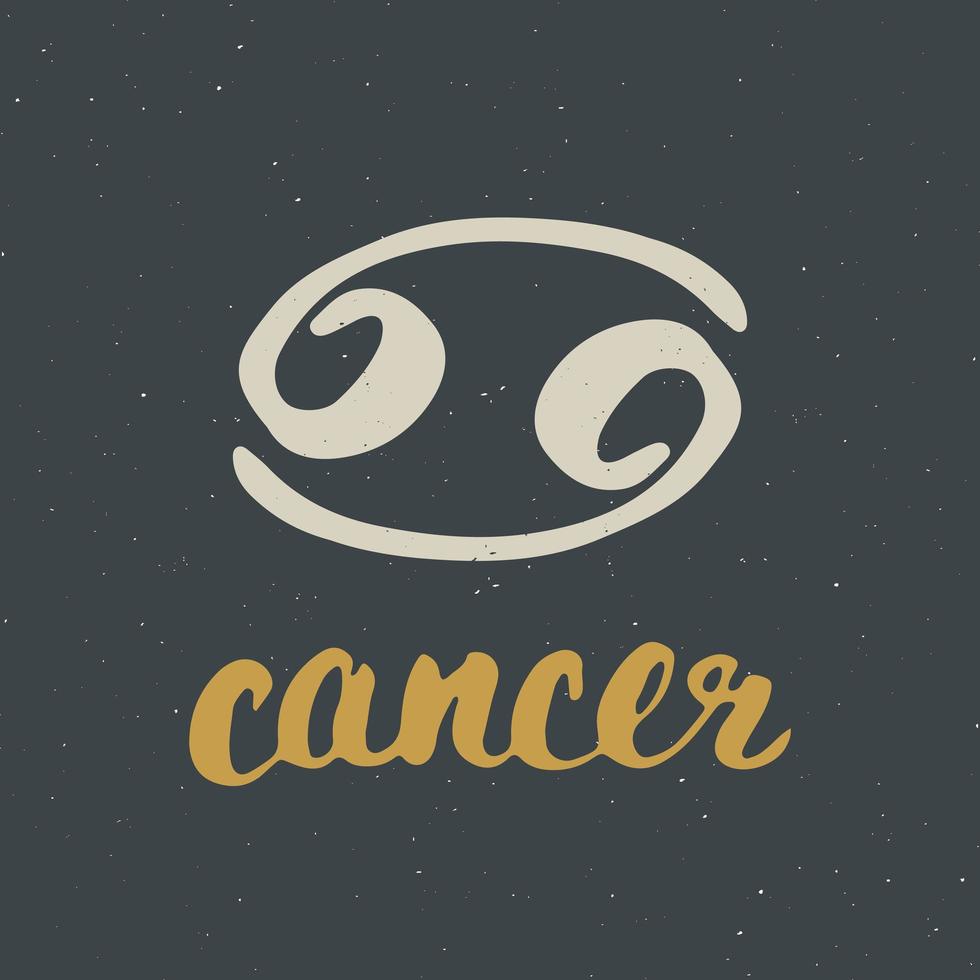 signo del zodíaco cáncer y letras. Símbolo de astrología horóscopo dibujado a mano, diseño con textura grunge, tipografía impresa, ilustración vectorial vector