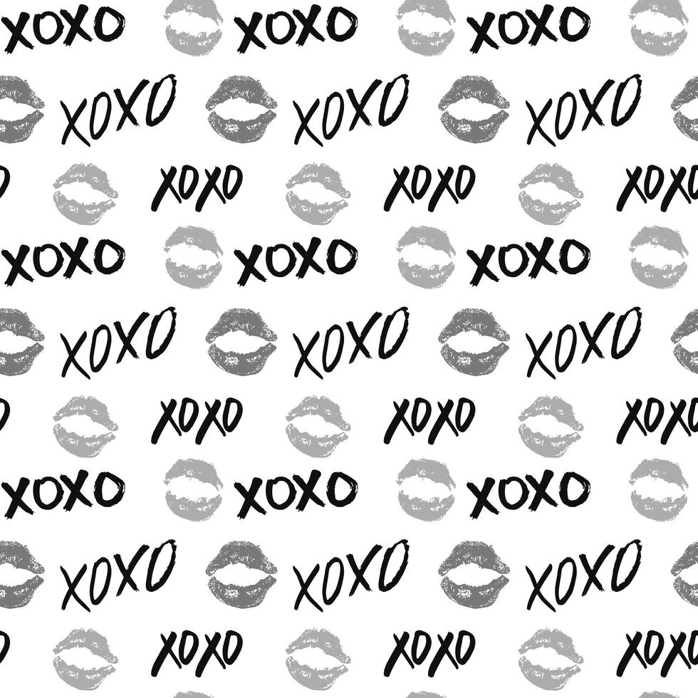 Xoxo cepillo letras signos de patrones sin fisuras, frase caligráfica de abrazos y besos de grunge, abreviatura de jerga de Internet símbolos xoxo, ilustración vectorial aislado sobre fondo blanco vector