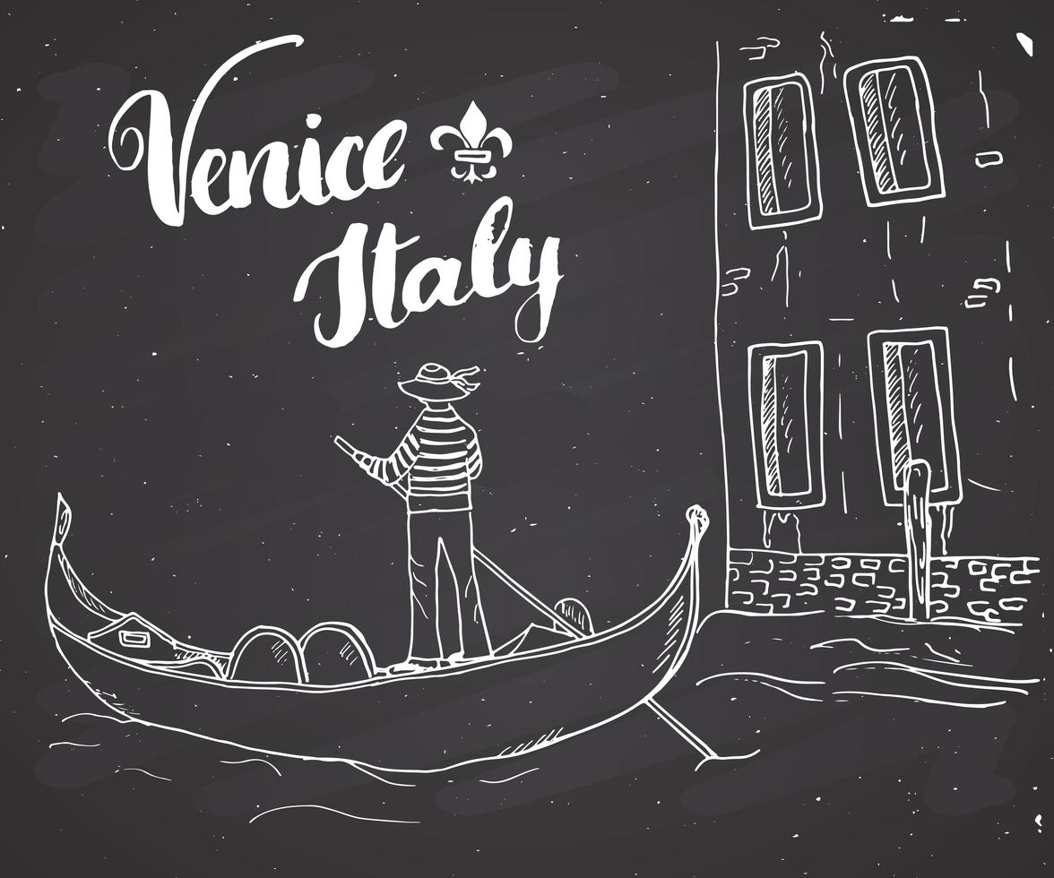 Venecia Italia boceto dibujado a mano doodle gondolero y letrero manuscrito de letras, texto caligráfico grunge. ilustración vectorial sobre fondo de pizarra vector