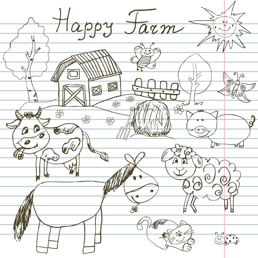 Happy farm doodles icons set. Hand drawn sketch with horse, cow, sheep pig and barn. childlike cartoony sketchy vector illustration on notebook paper background