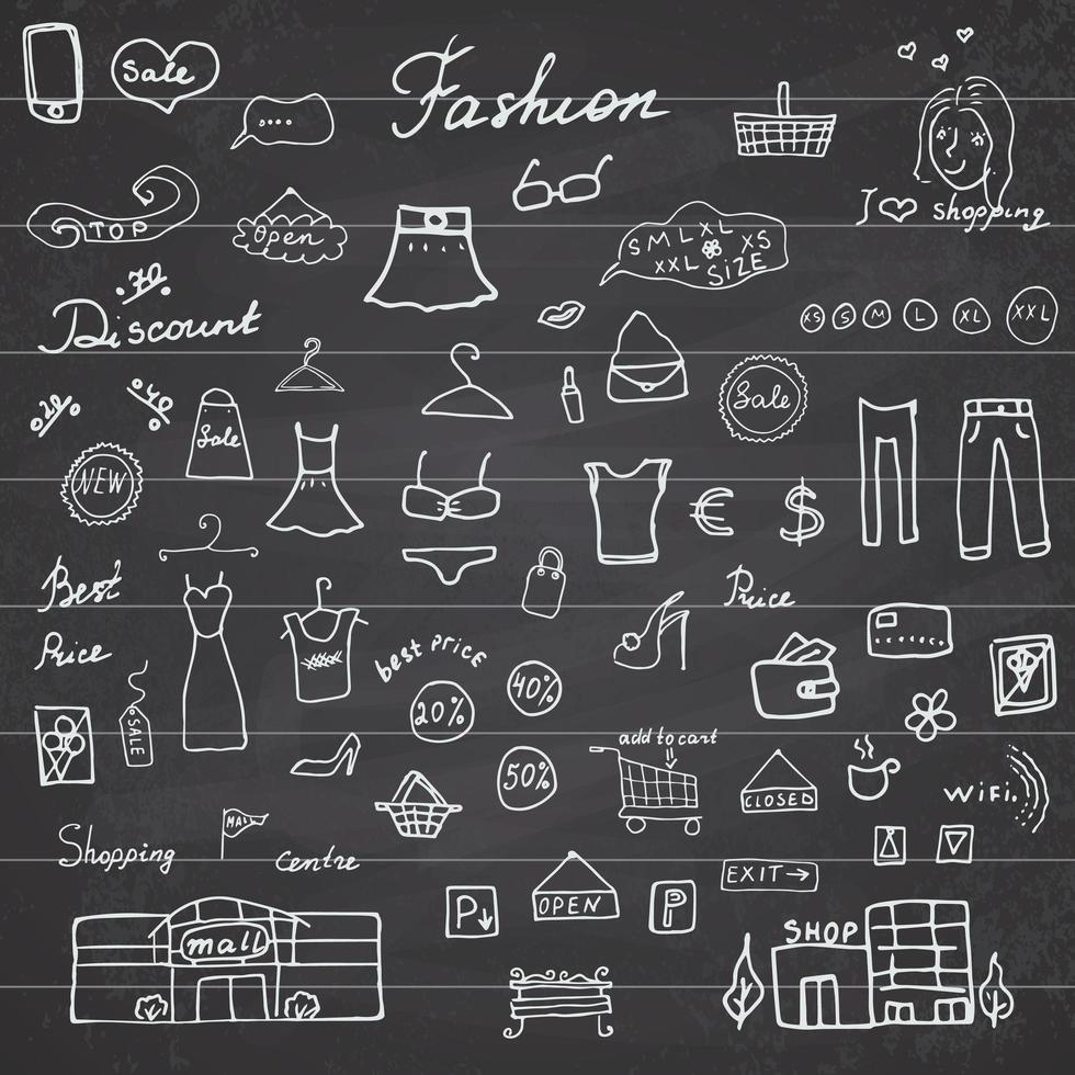 Fashion collection Sketchy Doodles set with Lettering, Hand-Drawn Vector Illustration Design Elements on Lined Sketchbook on chalkboard background