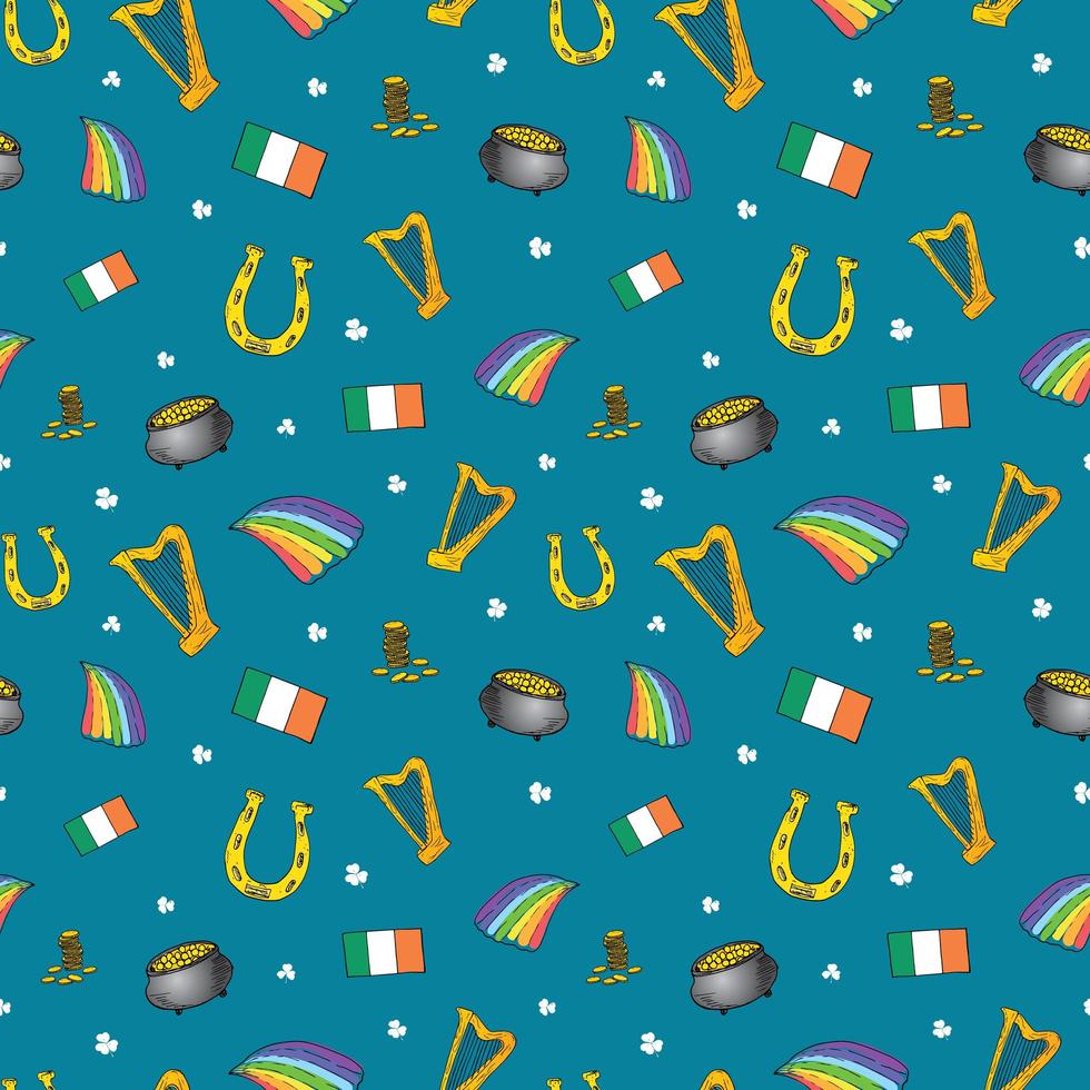 St Patrick's Day hand drawn doodle Seamless pattern, with leprechaun, pot of gold coins, rainbow, beer, four leaf clover, horseshoe, celtic harp and flag of Ireland vector illustration