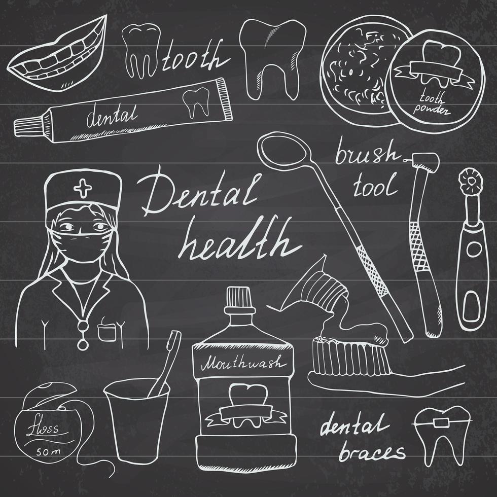 Dental health doodles icons set. Hand drawn sketch with teeth, toothpaste toothbrush dentist mouth wash and floss. vector illustration on chalkboard background