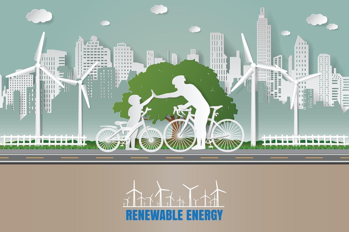 Paper folding art origami style vector illustration. Green renewable energy ecology technology power saving environmentally friendly love concepts. Father and son join hands while cycling in city parks