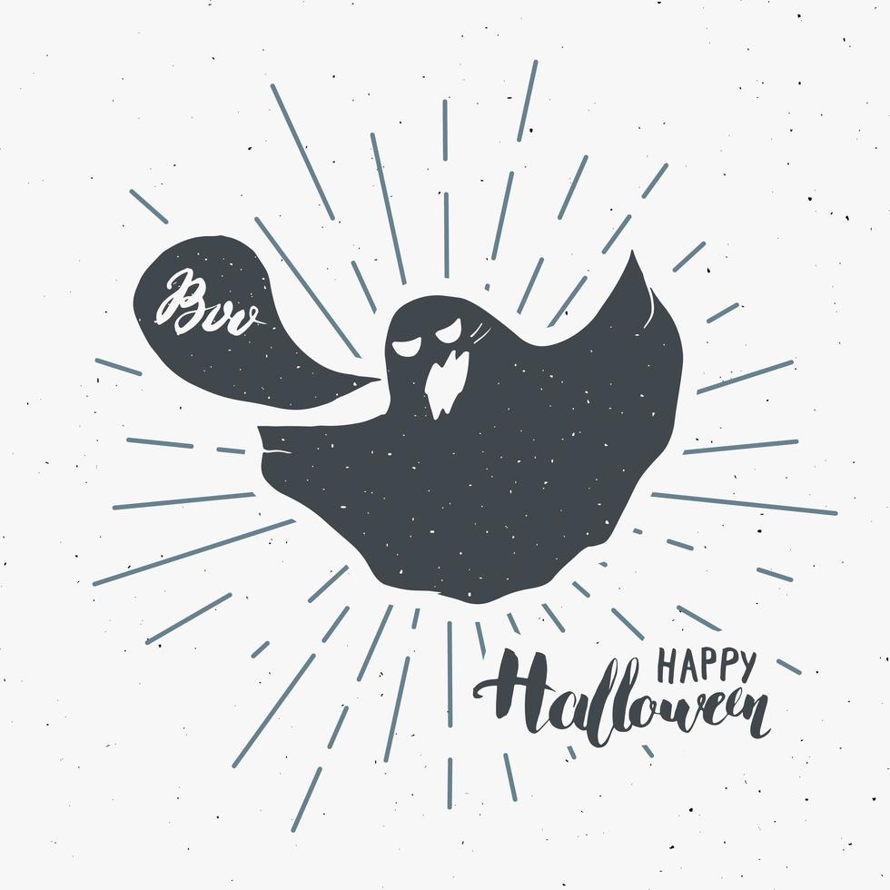 Etiqueta vintage de tarjeta de felicitación de Halloween, fantasma de boceto dibujado a mano, insignia retro con textura grunge, impresión de camiseta de diseño de tipografía, ilustración vectorial vector