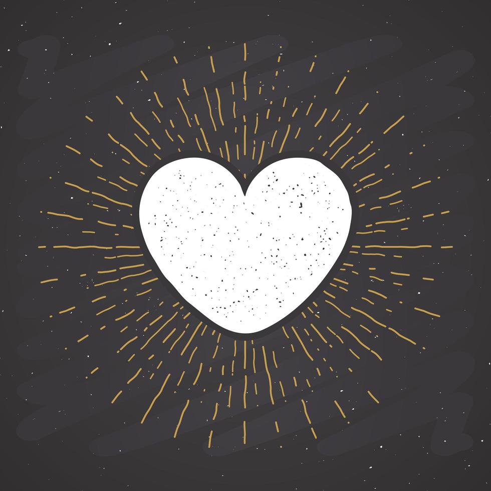 símbolo del corazón doodle de boceto dibujado a mano. etiqueta vintage, insignia retro con textura grunge, ilustración de vector de diseño de tipografía sobre fondo de pizarra