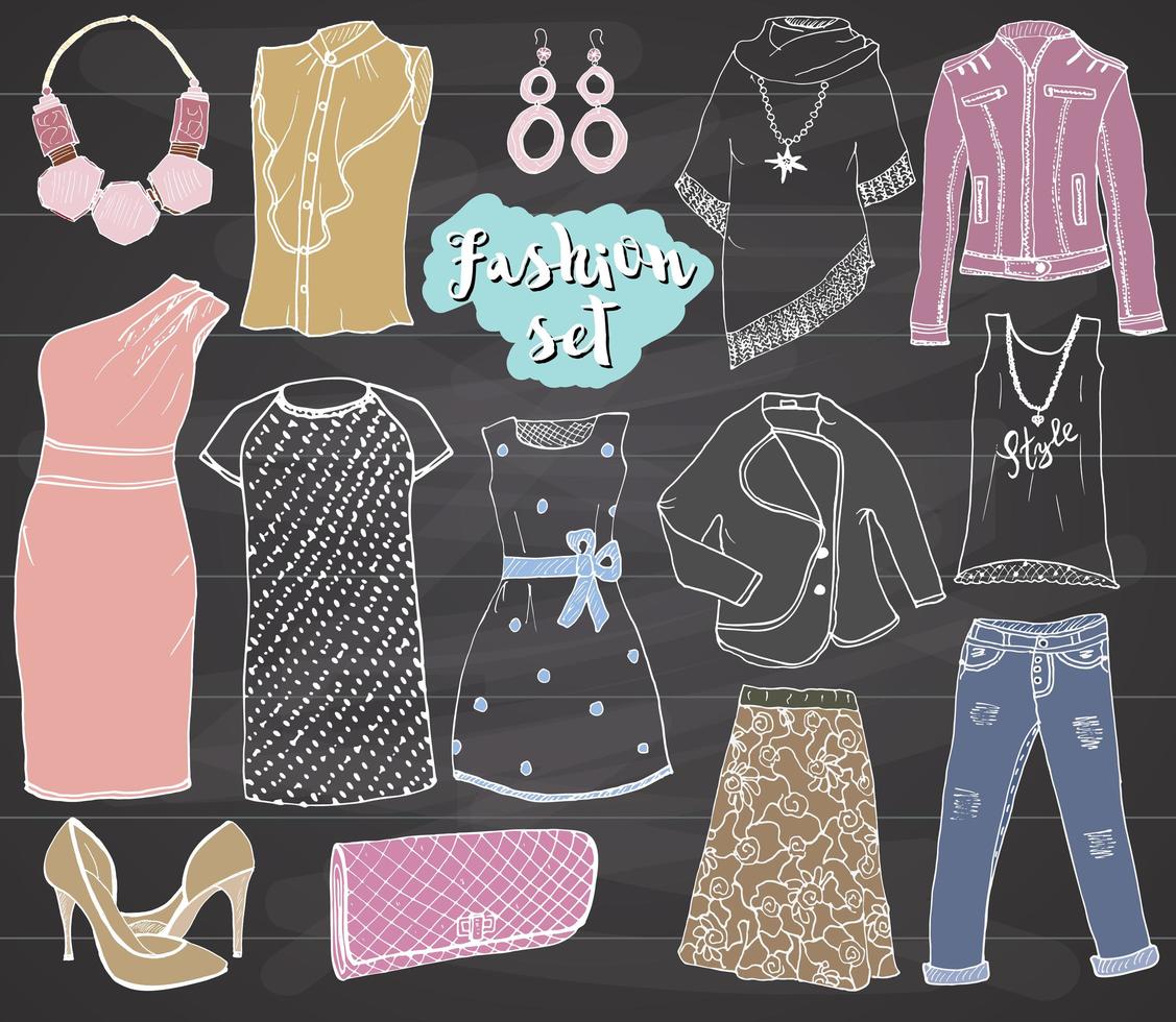 Fashion collection Doodles set. Hand Drawn Sketch with dress shoes, pants and jacket, handbag and accessories vector Illustration Design Elements on chalkboard Background