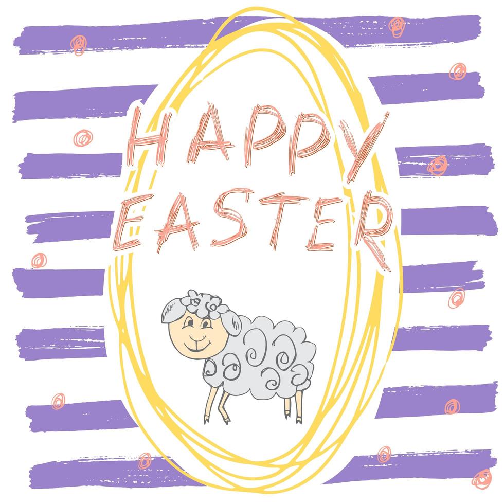 Happy Easter hand drawn greeting card with lettering and sketched doodle elements cute sheep easter egg shape on color background vector