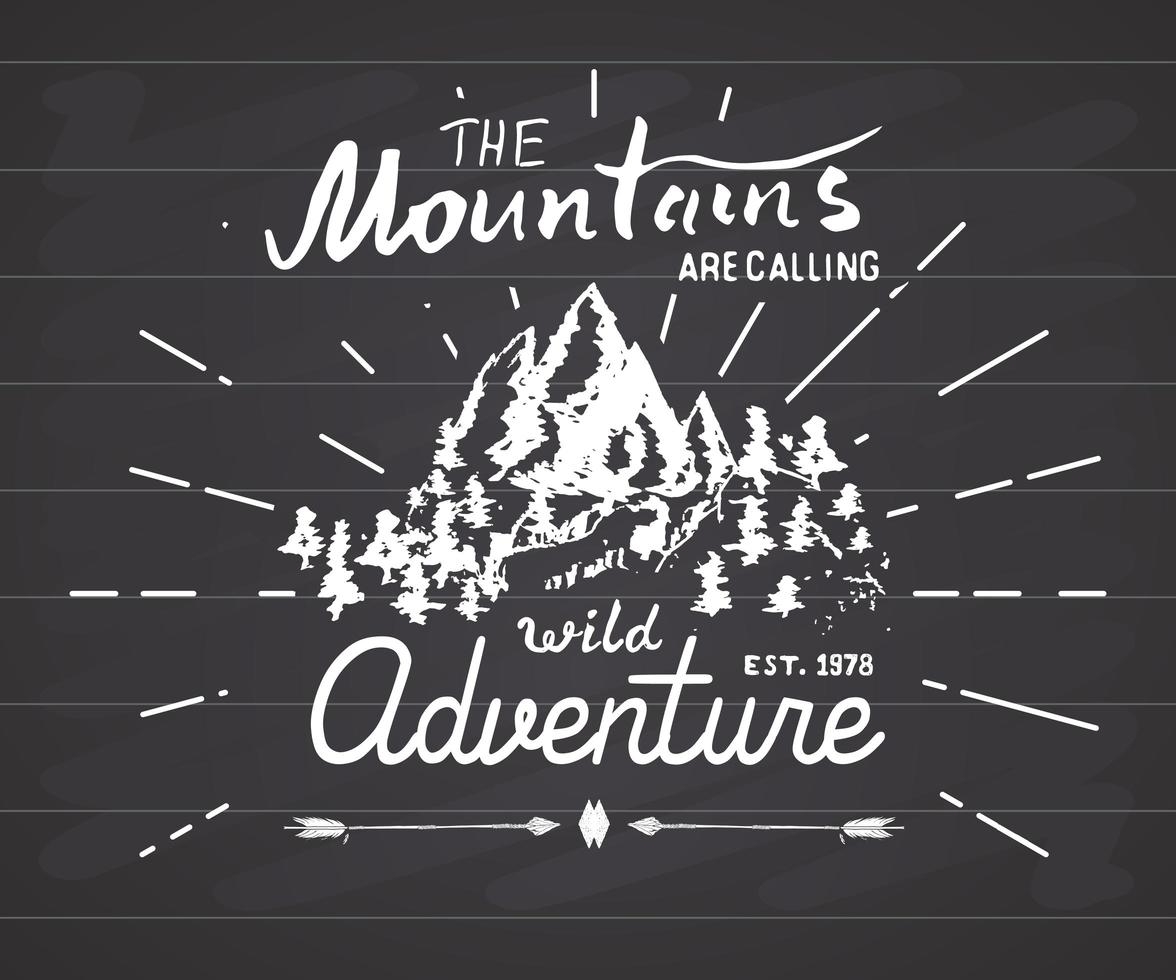 Mountains handdrawn sketch emblem. outdoor camping and hiking activity, Extreme sports, outdoor adventure symbol, vector illustration on chalkboard background