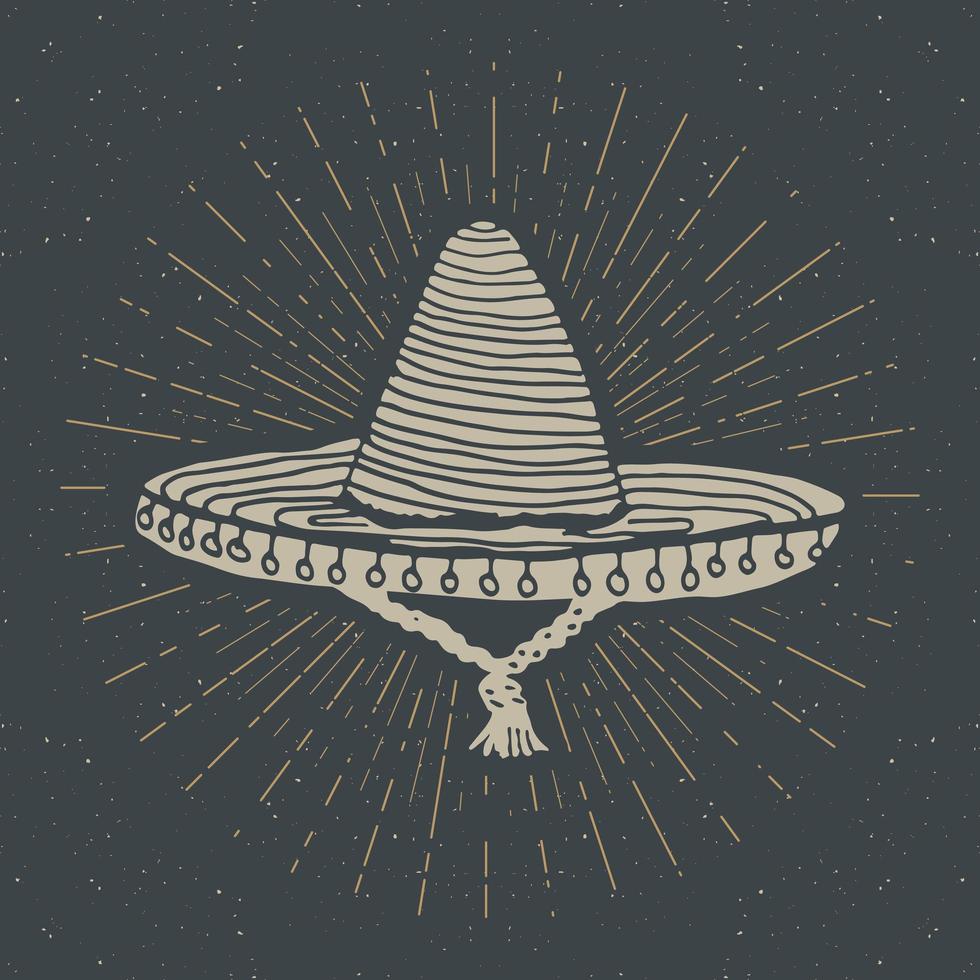 etiqueta vintage, boceto de sombrero mexicano tradicional dibujado a mano, insignia retro con textura grunge, diseño de emblema, impresión de camiseta de tipografía, ilustración vectorial vector