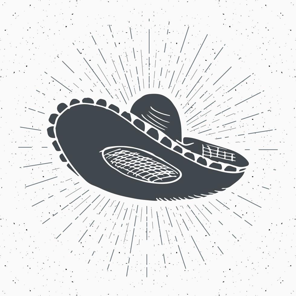 etiqueta vintage, boceto de sombrero mexicano tradicional dibujado a mano, insignia retro con textura grunge, diseño de emblema, impresión de camiseta de tipografía, ilustración vectorial vector