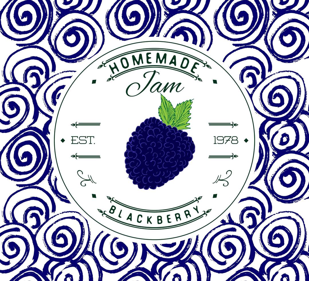 plantilla de diseño de etiqueta de mermelada. para el producto de postre de mora con frutas y fondo esbozados a mano. Doodle vector blackberry ilustración identidad de marca