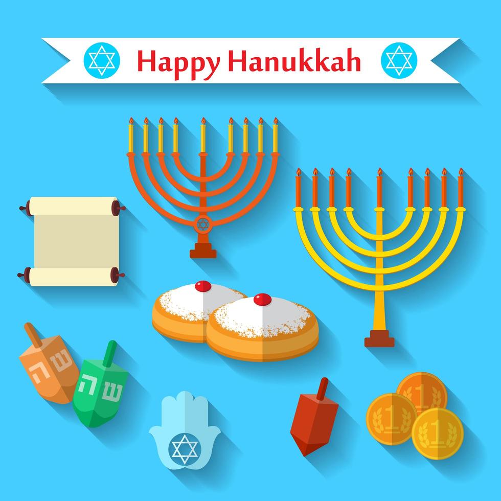 Happy Hanukkah flat vector icons set with dreidel game, coins, hand of Miriam, palm of David, star of David, menorah, traditional food, torah and other traditional items