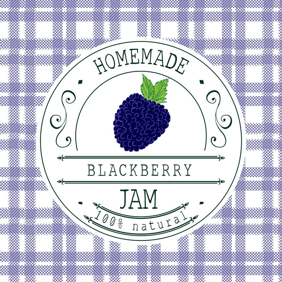 Jam label design template. for Blackberry dessert product with hand drawn sketched fruit and background. Doodle vector Blackberry illustration brand identity