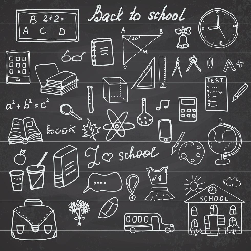 Back to School Supplies Sketchy Notebook Doodles set with Lettering, Hand-Drawn Vector Illustration Design Elements on Lined Sketchbook on chalkboard background