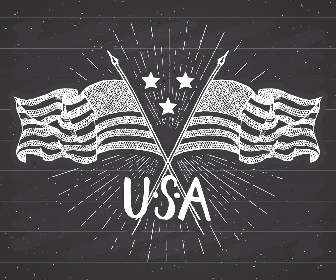 Vintage label, Hand drawn crossed USA flags, Happy Independence Day, fourth of july celebration, greeting card, grunge textured retro badge, typography design vector illustration on chalkboard.