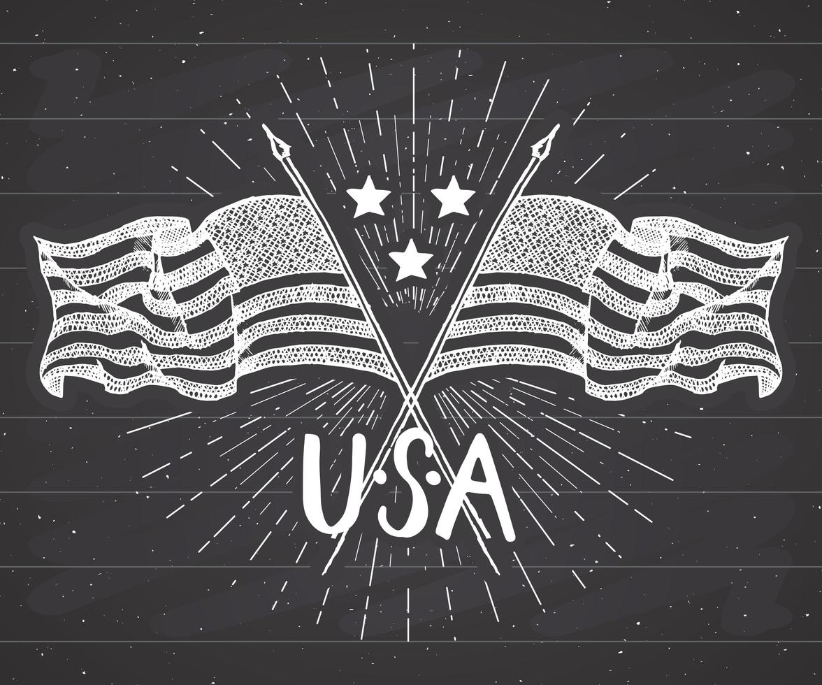 Vintage label, Hand drawn crossed USA flags, Happy Independence Day, fourth of july celebration, greeting card, grunge textured retro badge, typography design vector illustration on chalkboard.