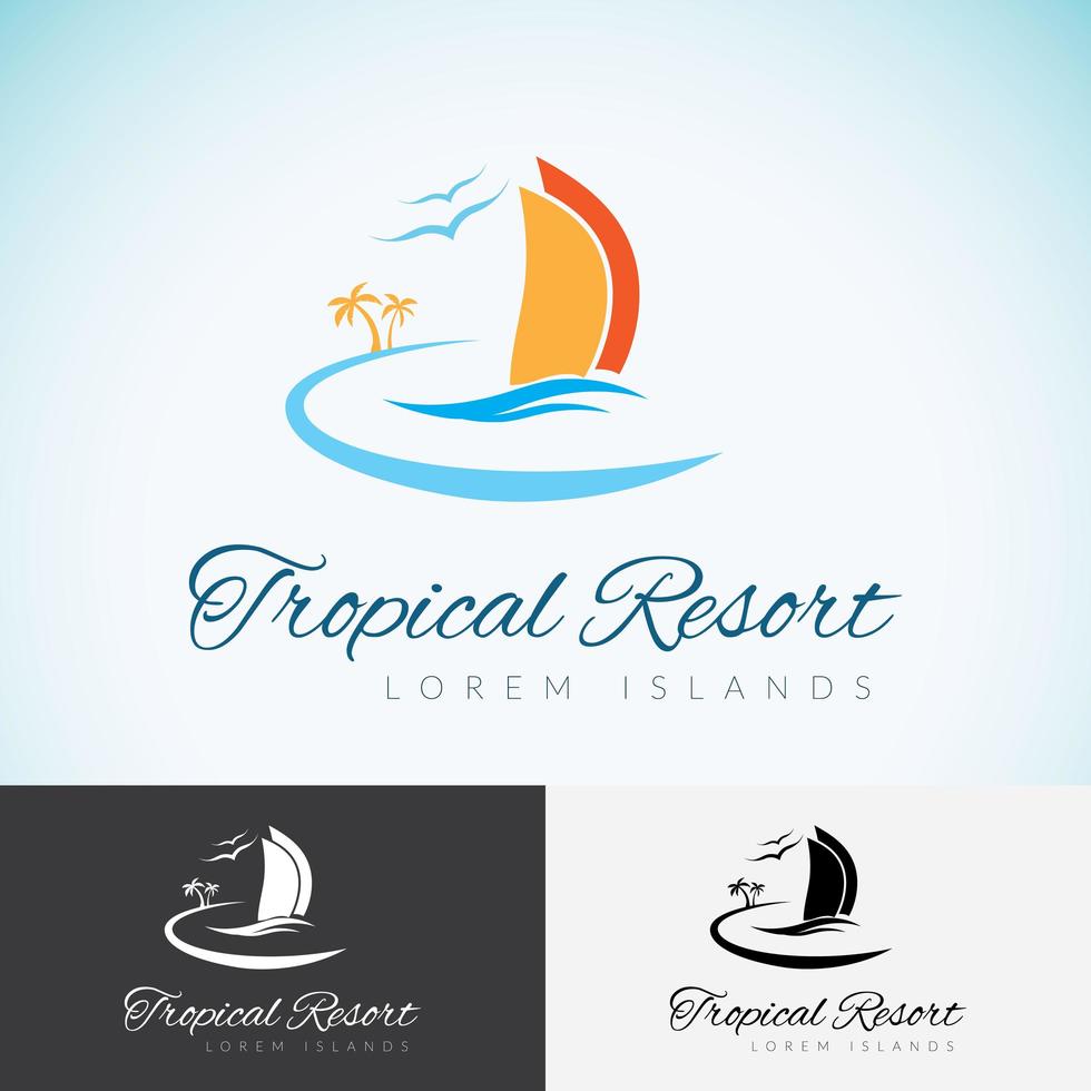 yate, palmeras y sol, plantilla de diseño de logotipo de empresa de viajes. crucero por mar, isla tropical o icono de logotipo de vacaciones vector