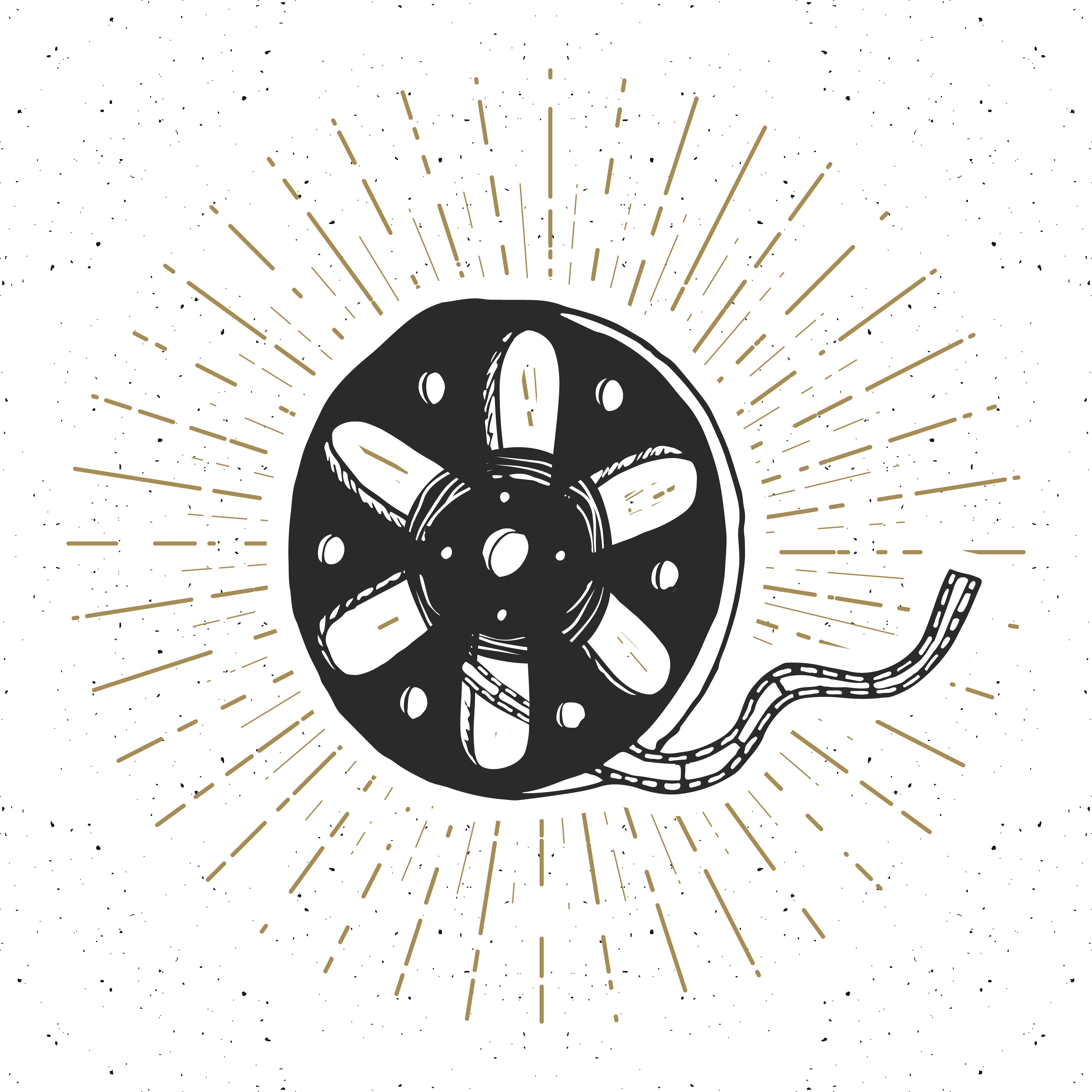 Cinema tape and film reel vintage label, Hand drawn sketch ...