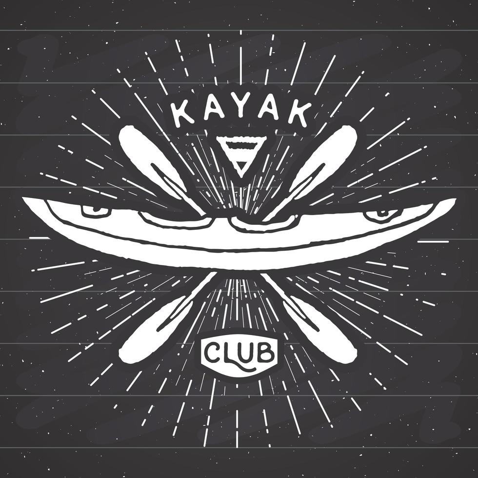 Kayak club vintage label, Hand drawn sketch, grunge textured retro badge, typography design t-shirt print, vector illustration on chalkboard background