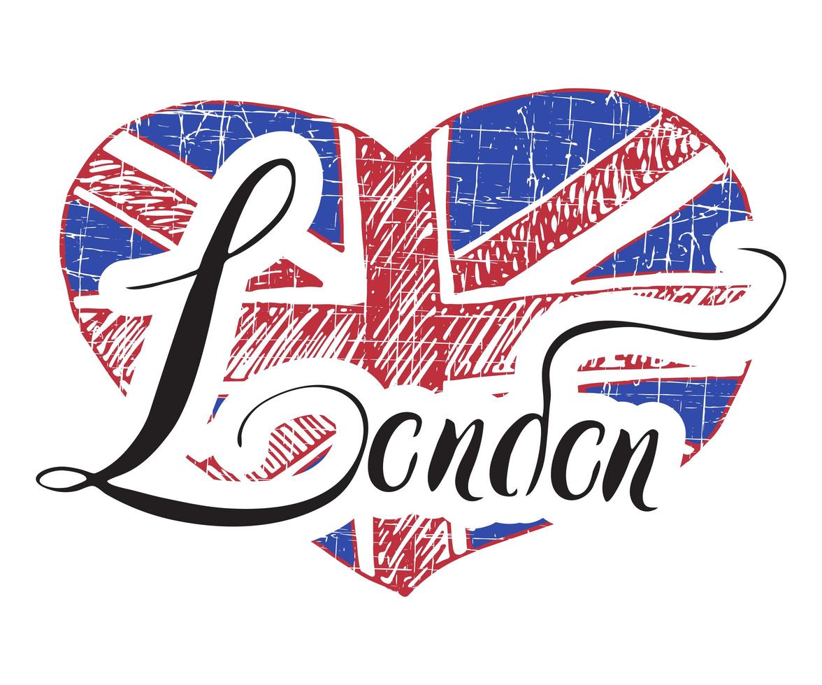Signo de letras de mano de Londres con bandera de Reino Unido grunge en forma de corazón, aislado en la ilustración de vector de fondo blanco