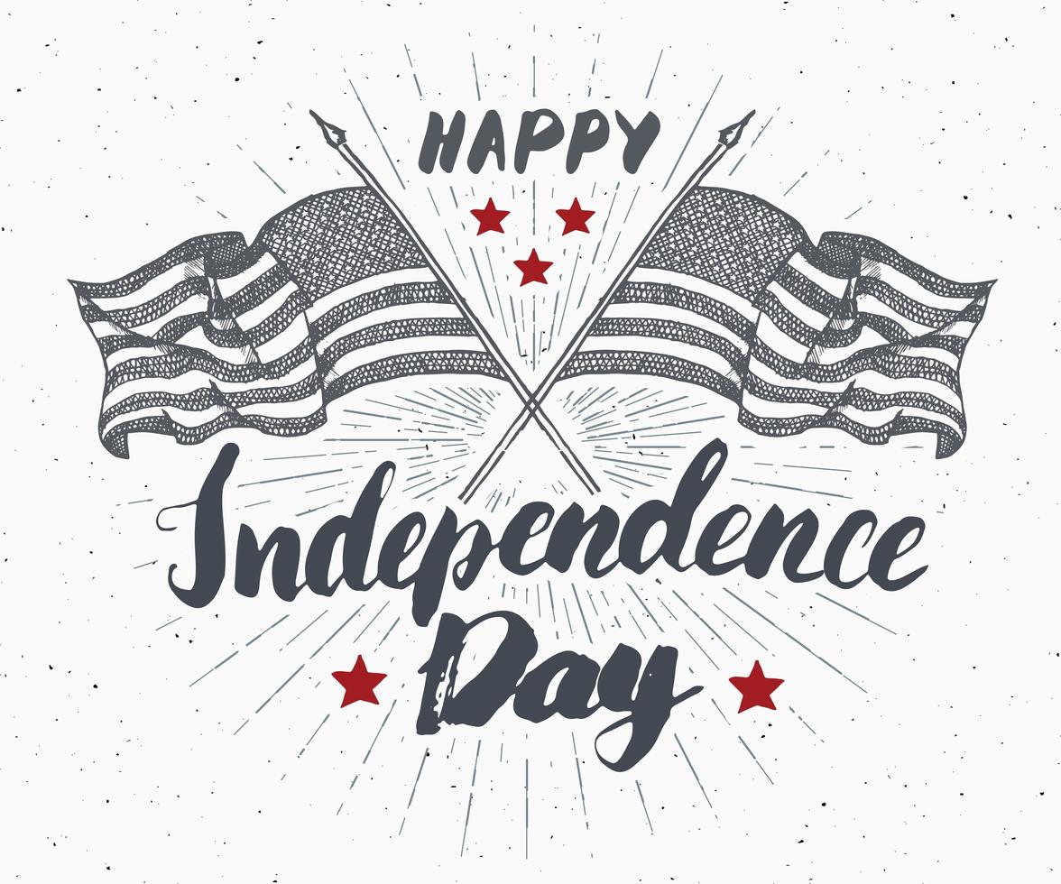 feliz día de la independencia, cuatro de julio, tarjeta de felicitación vintage con banderas de estados unidos, celebración de los estados unidos de américa. letras de la mano, ilustración de vector de diseño retro con textura grunge de vacaciones americanas.