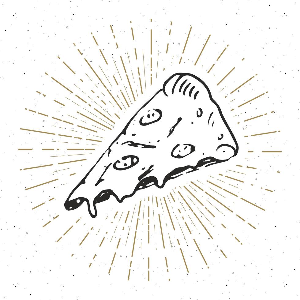 etiqueta vintage de rebanada de pizza, boceto dibujado a mano, insignia retro con textura grunge, estampado de camiseta de diseño de tipografía, ilustración vectorial vector