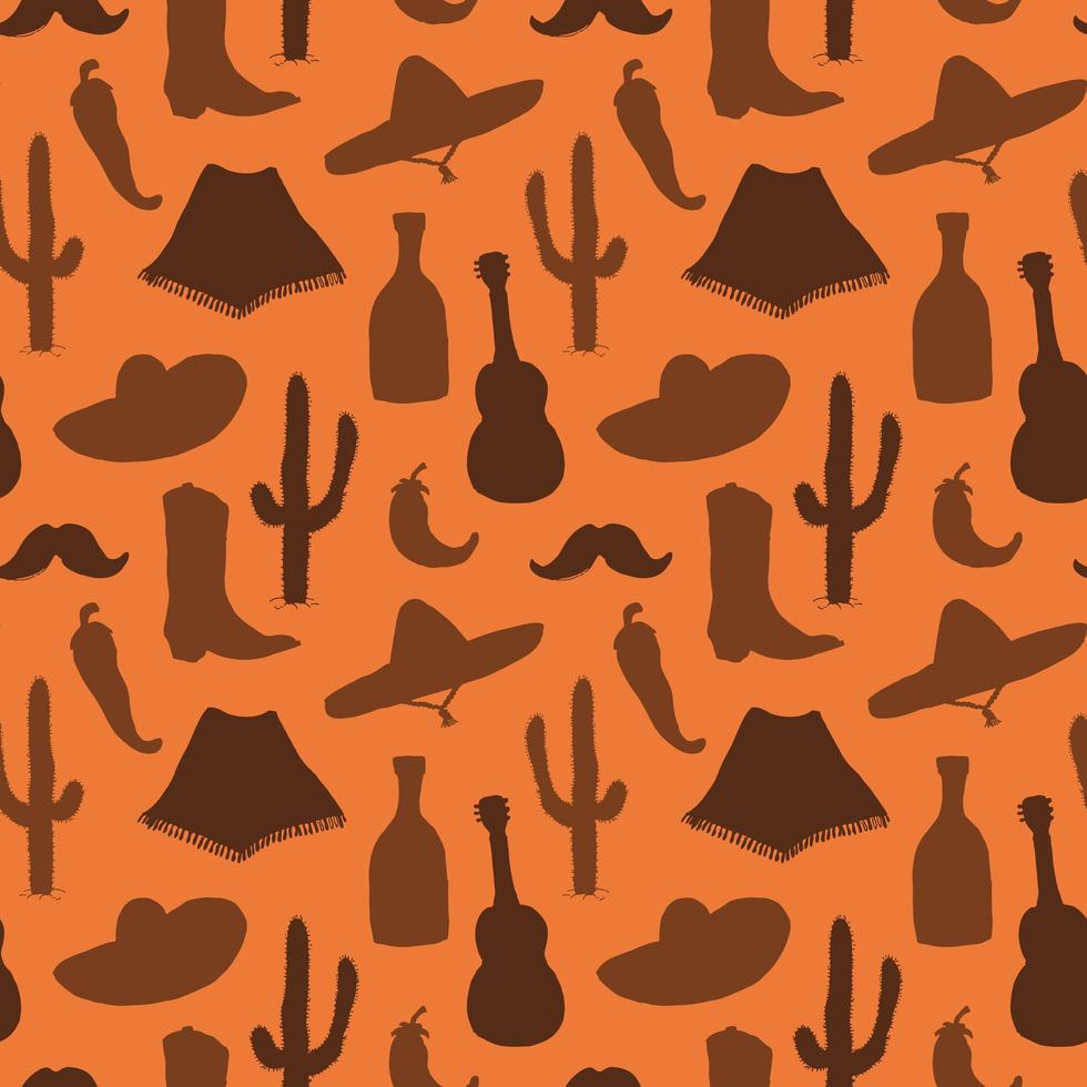 elementos de doodle de patrones sin fisuras de méxico, boceto dibujado a mano silueta sombrero sombrero tradicional mexicano, bota, poncho, cactus y botella de tequila, chiles, guitarra. fondo de ilustración vectorial vector
