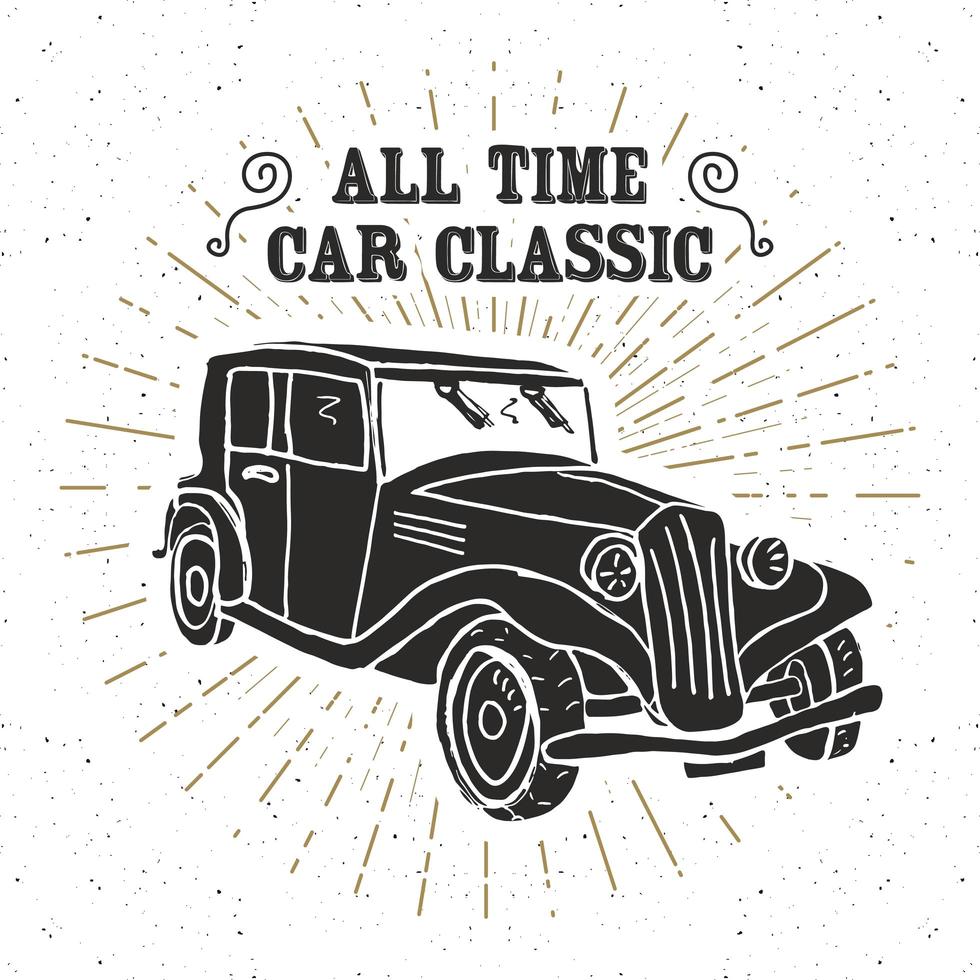 etiqueta vintage de coche clásico, boceto dibujado a mano, insignia retro con textura grunge, estampado de camiseta de diseño de tipografía, ilustración vectorial vector