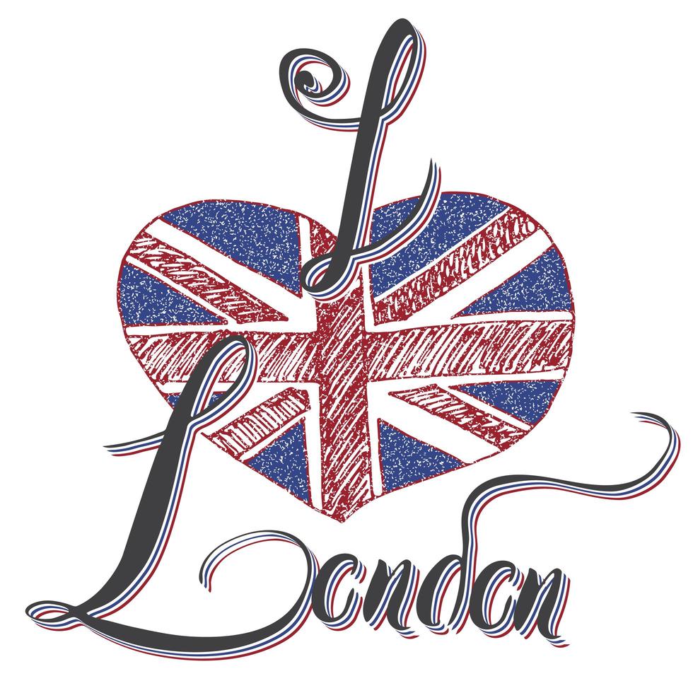 Letrero de letras de la mano de Londres con la bandera del reino unido grunge en forma de corazón, aislado en la ilustración de vector de fondo blanco